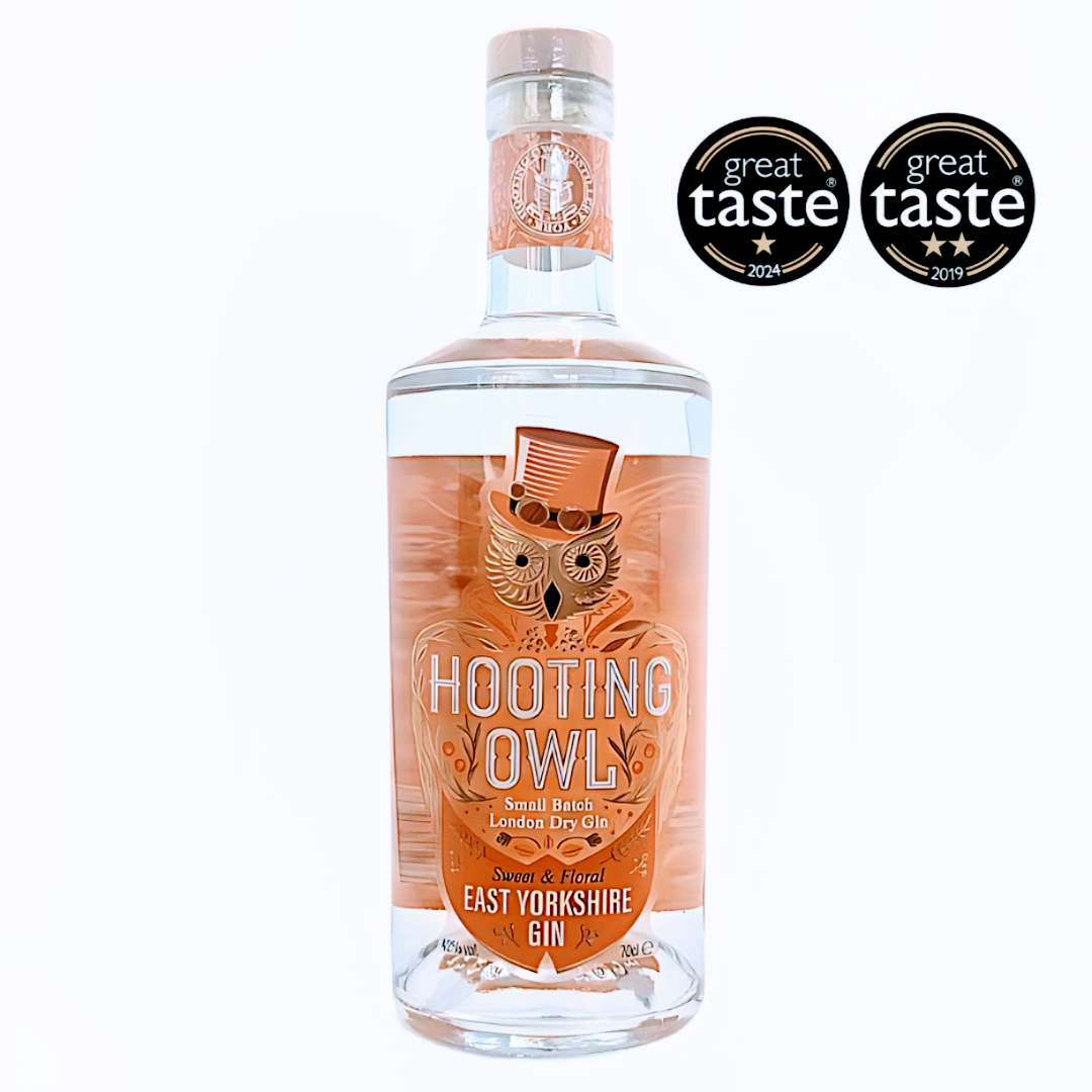 Hooting Owl Distillery East Yorkshire Dry Gin, Made in York, Awarded 2 Stars at great tase awards.